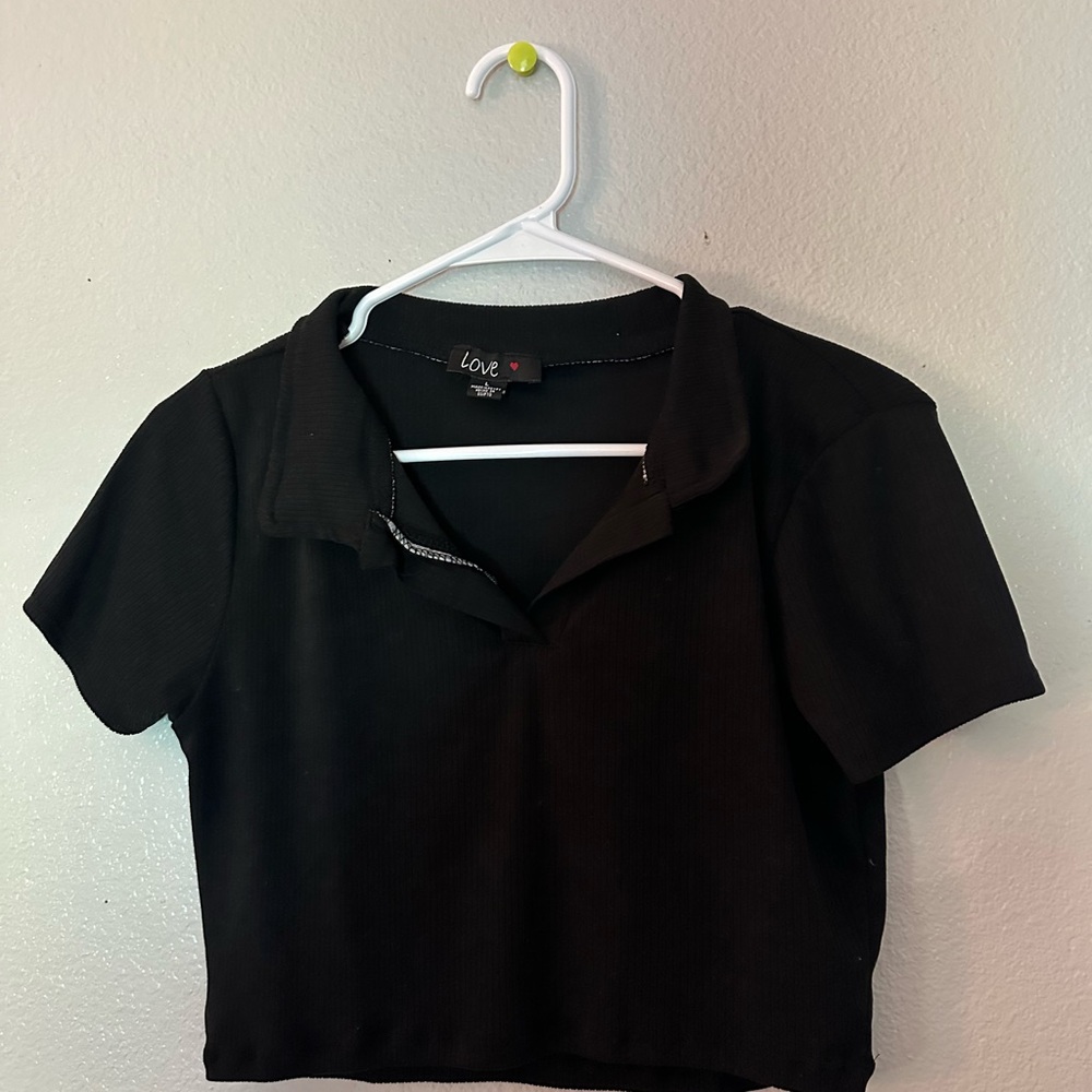 Love Black Cropped Fitted Polo Shirt